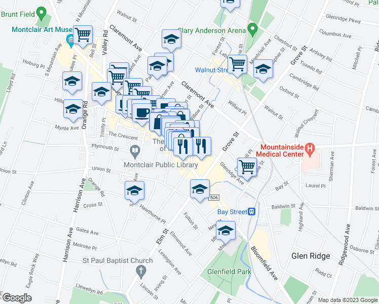 map of restaurants, bars, coffee shops, grocery stores, and more near 18-20 Lackawanna Plaza in Montclair