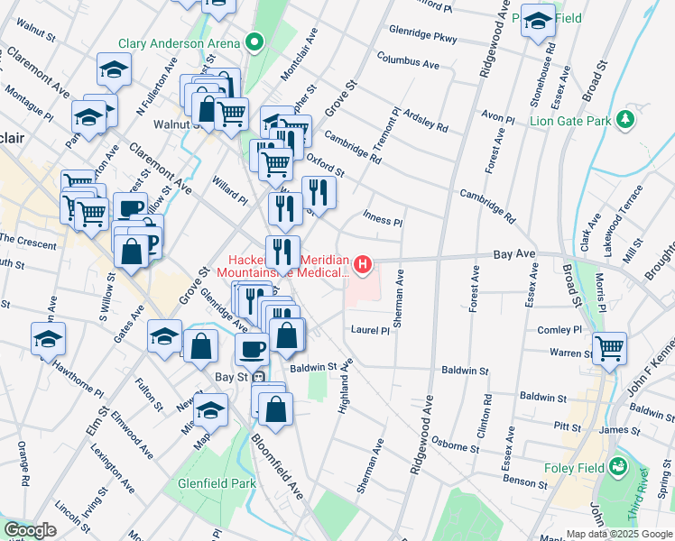 map of restaurants, bars, coffee shops, grocery stores, and more near 14 Walnut Crescent in Montclair