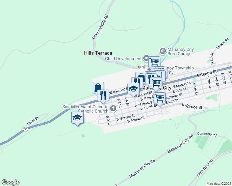 map of restaurants, bars, coffee shops, grocery stores, and more near 10 North B Street in Mahanoy City