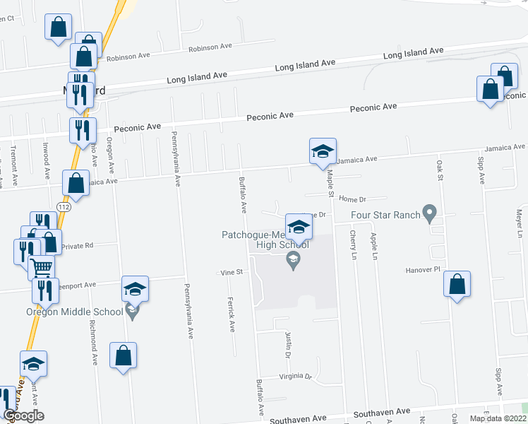 map of restaurants, bars, coffee shops, grocery stores, and more near 109 Village Drive in Medford
