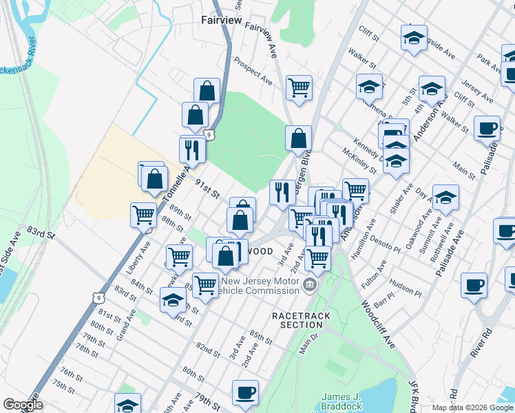 map of restaurants, bars, coffee shops, grocery stores, and more near 9205 Bergenwood Avenue in North Bergen