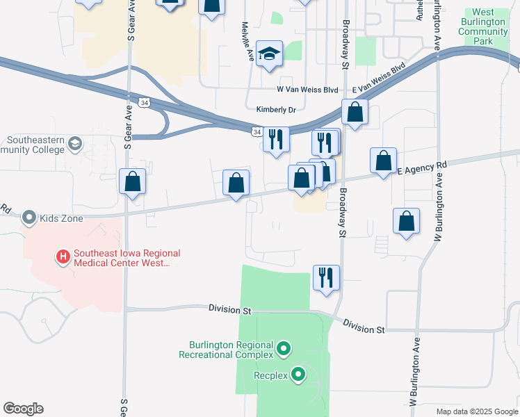 map of restaurants, bars, coffee shops, grocery stores, and more near 503 West Agency Road in West Burlington