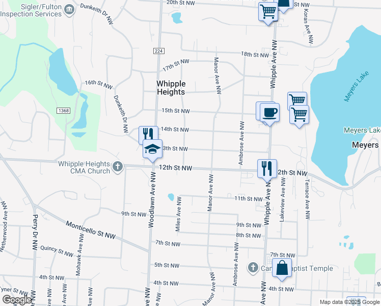 map of restaurants, bars, coffee shops, grocery stores, and more near 4646 13th Street Northwest in Canton