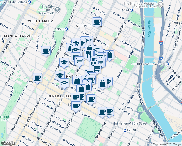 map of restaurants, bars, coffee shops, grocery stores, and more near 111 West 131st Street in New York