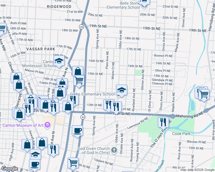 map of restaurants, bars, coffee shops, grocery stores, and more near 1422 Plain Avenue Northeast in Canton