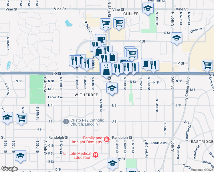 map of restaurants, bars, coffee shops, grocery stores, and more near 235 South 48th Street in Lincoln