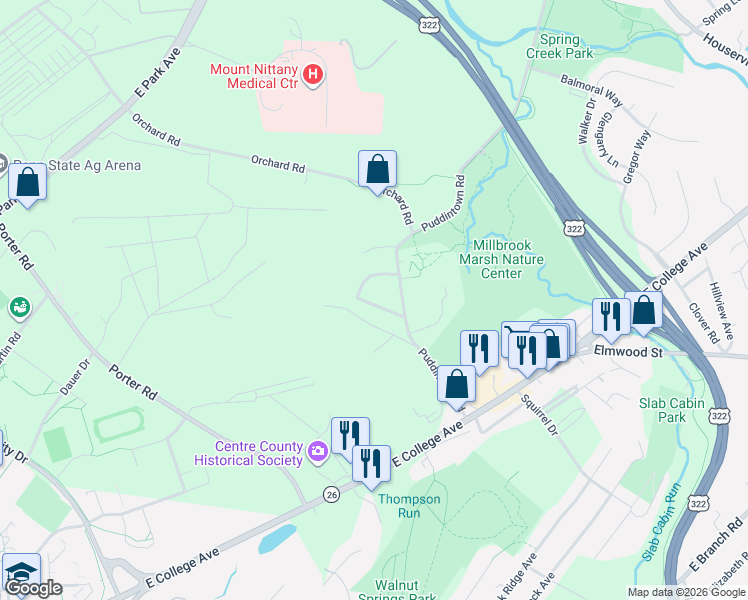 map of restaurants, bars, coffee shops, grocery stores, and more near 137 Bathgate Drive in State College