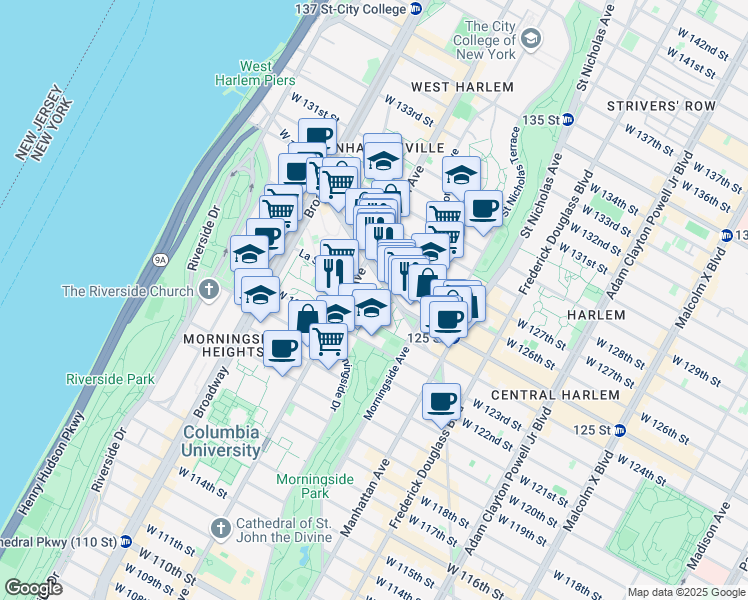 map of restaurants, bars, coffee shops, grocery stores, and more near 1205 West 123rd Street in New York