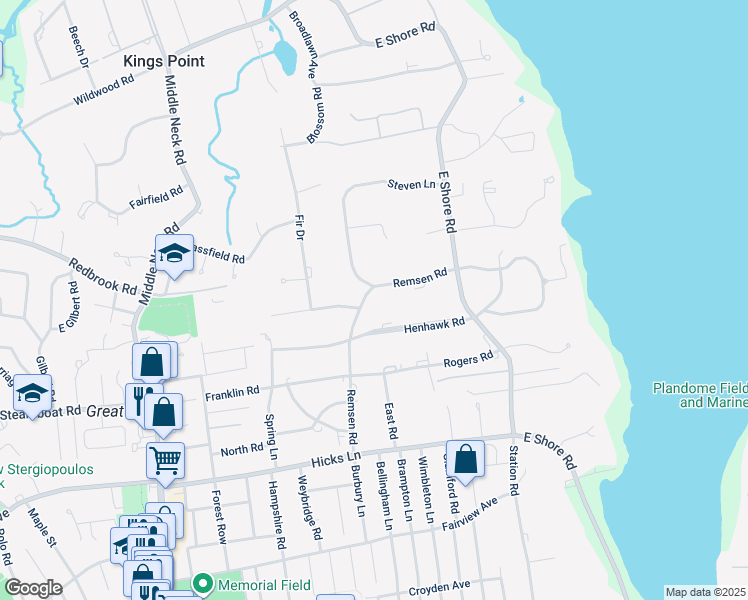 map of restaurants, bars, coffee shops, grocery stores, and more near 45 Remsen Road in Kings Point