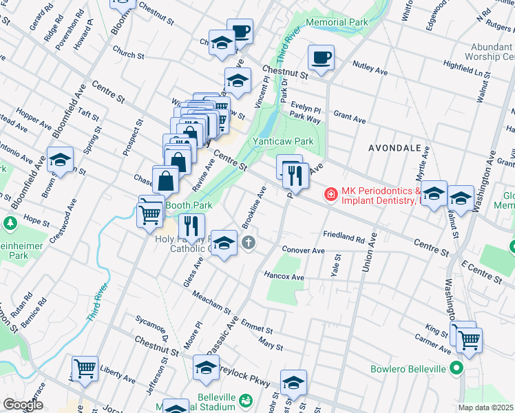 map of restaurants, bars, coffee shops, grocery stores, and more near 94 Brookline Avenue in Nutley