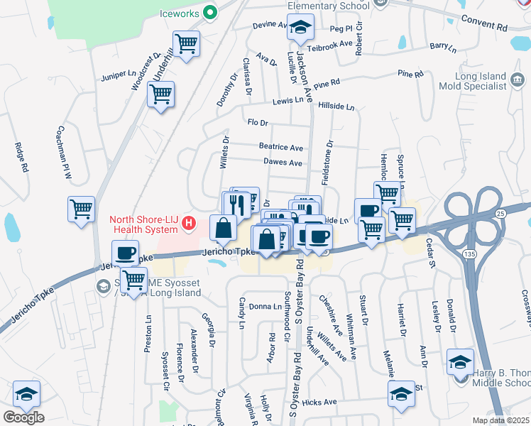 map of restaurants, bars, coffee shops, grocery stores, and more near 25 Humphrey Drive in Syosset