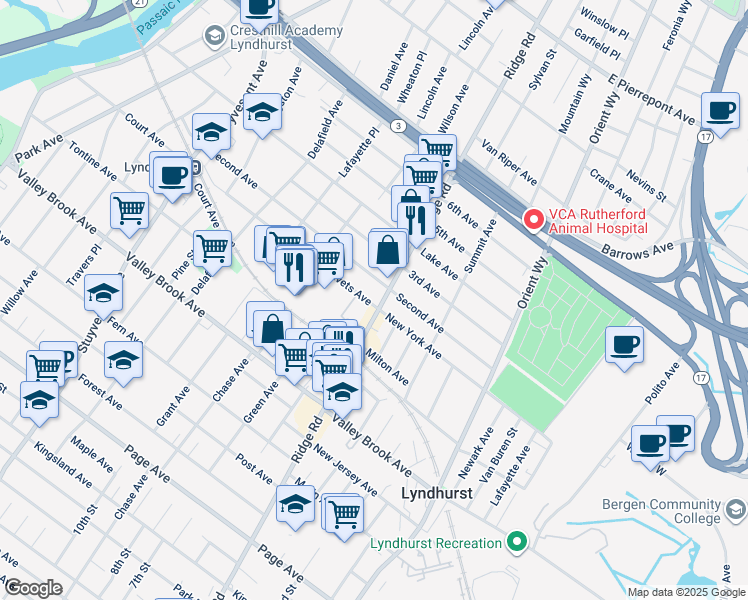 map of restaurants, bars, coffee shops, grocery stores, and more near 161 Ridge Rd in Lyndhurst