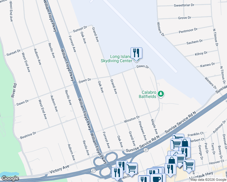 map of restaurants, bars, coffee shops, grocery stores, and more near 151 Grand Avenue in Shirley