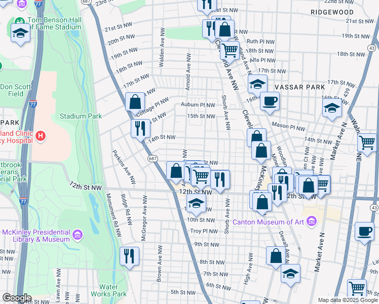 map of restaurants, bars, coffee shops, grocery stores, and more near 1132 Hoover Place Northwest in Canton
