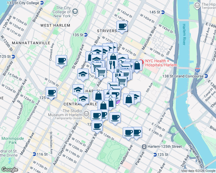 map of restaurants, bars, coffee shops, grocery stores, and more near 136 West 131st Street in New York