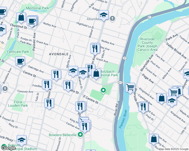 map of restaurants, bars, coffee shops, grocery stores, and more near 26 Humbert Street in Nutley