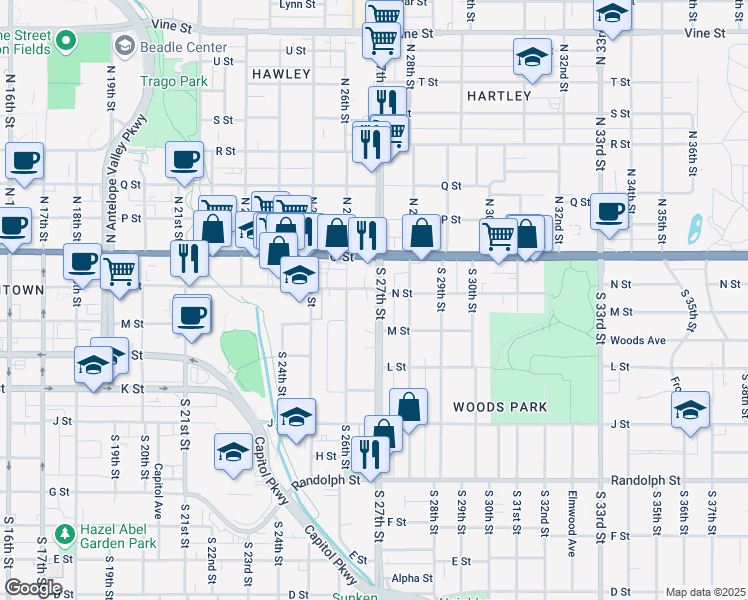 map of restaurants, bars, coffee shops, grocery stores, and more near 215 South 27th Street in Lincoln