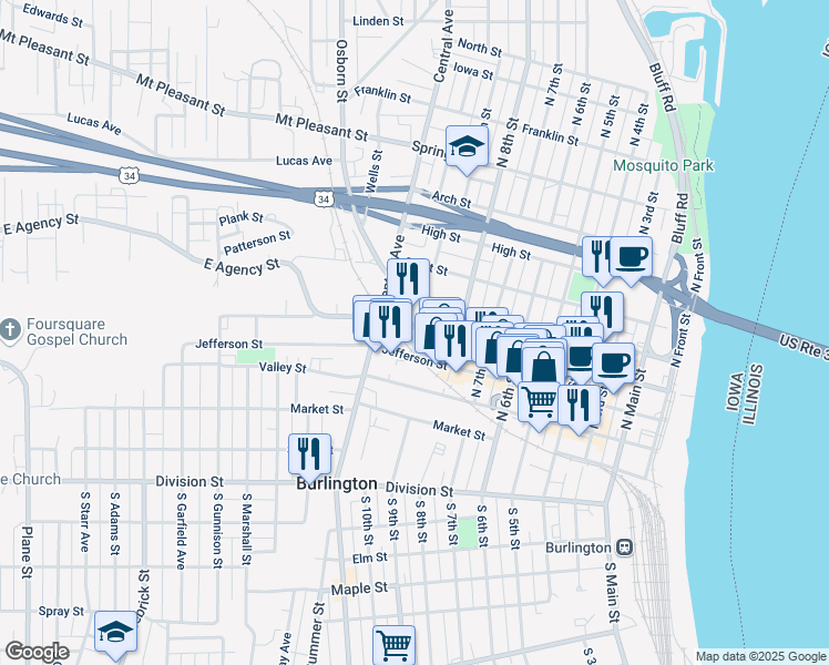 map of restaurants, bars, coffee shops, grocery stores, and more near 320 Hawkeye Street in Burlington