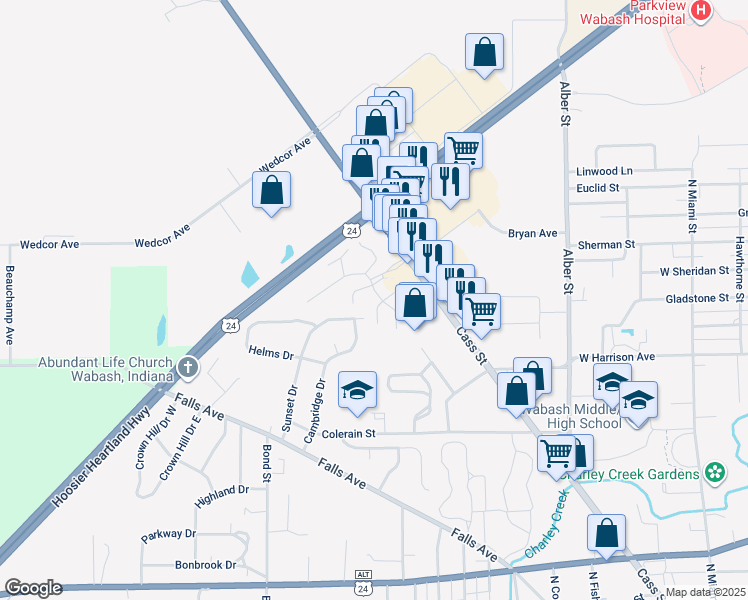 map of restaurants, bars, coffee shops, grocery stores, and more near 1209 Shady Oak Drive in Wabash