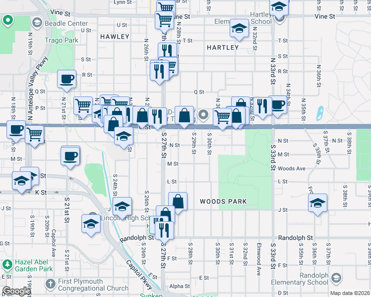 map of restaurants, bars, coffee shops, grocery stores, and more near 211 South 28th Street in Lincoln