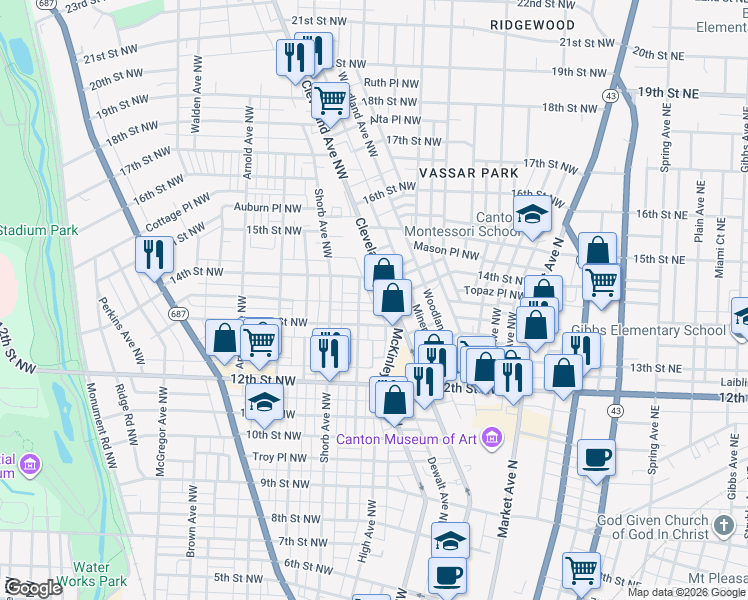 map of restaurants, bars, coffee shops, grocery stores, and more near 606 Hoover Place Northwest in Canton