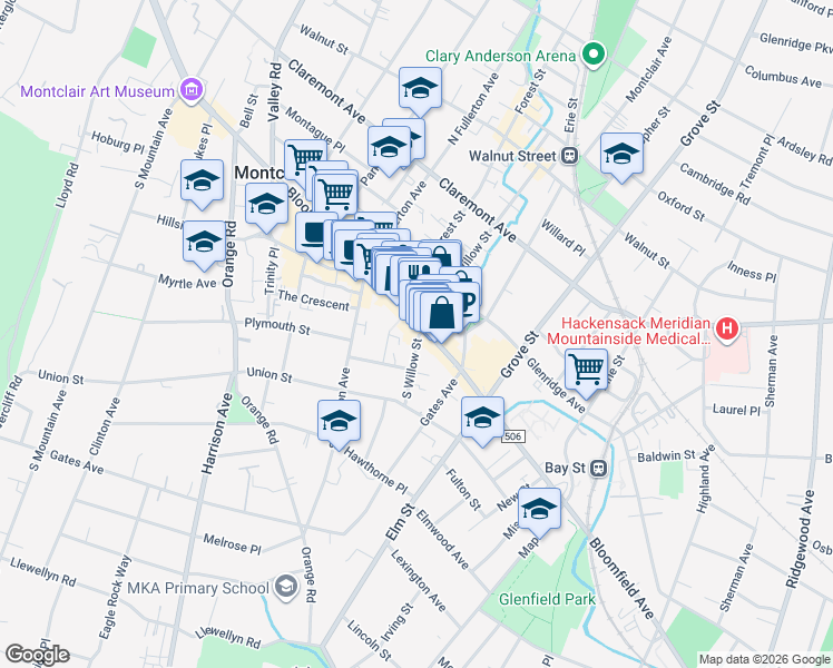 map of restaurants, bars, coffee shops, grocery stores, and more near 2 South Willow Street in Montclair