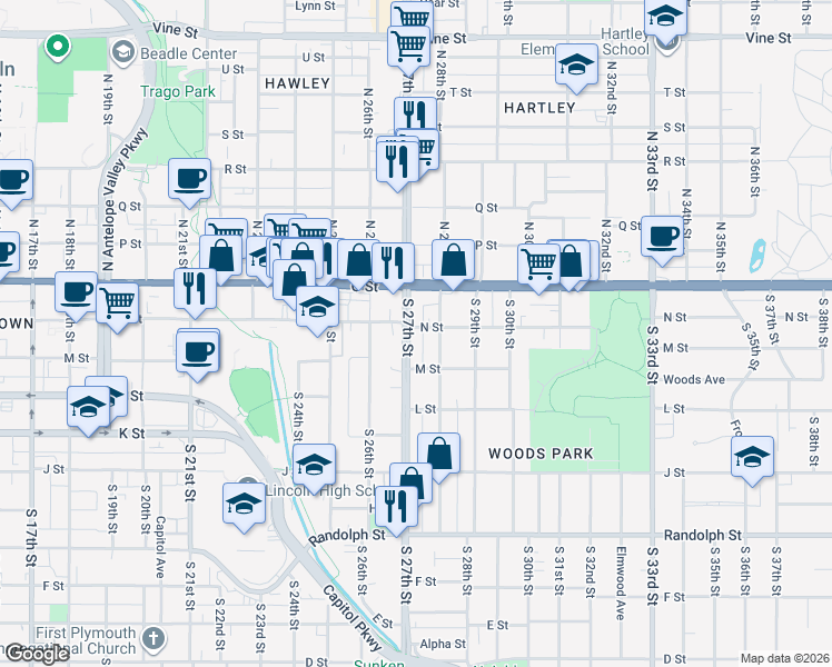 map of restaurants, bars, coffee shops, grocery stores, and more near 202 South 27th Street in Lincoln