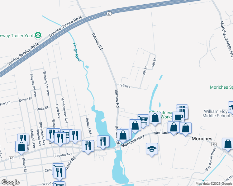 map of restaurants, bars, coffee shops, grocery stores, and more near 176 Barnes Road in Moriches