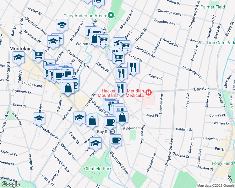 map of restaurants, bars, coffee shops, grocery stores, and more near 112 Pine Street in Montclair