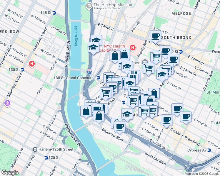 map of restaurants, bars, coffee shops, grocery stores, and more near 270 Rider Avenue in The Bronx