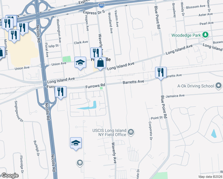 map of restaurants, bars, coffee shops, grocery stores, and more near 971 Waverly Avenue in Holtsville