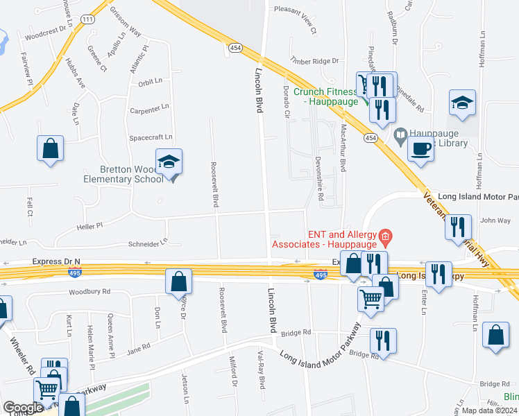 map of restaurants, bars, coffee shops, grocery stores, and more near 247 Atlantic Place in Hauppauge
