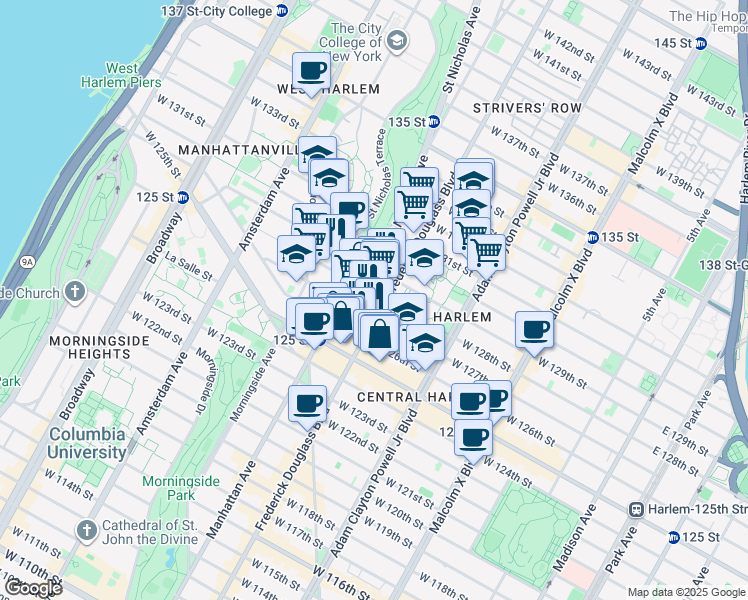 map of restaurants, bars, coffee shops, grocery stores, and more near 300 West 128th Street in New York