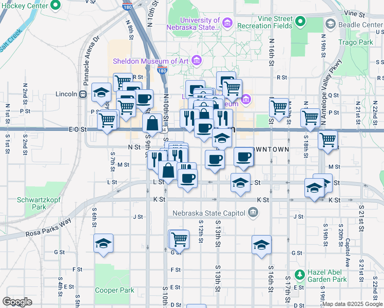 map of restaurants, bars, coffee shops, grocery stores, and more near 1139 N Street in Lincoln