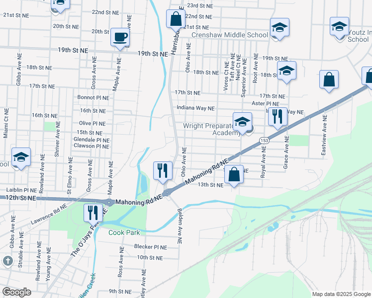 map of restaurants, bars, coffee shops, grocery stores, and more near 1440 Ohio Avenue Northeast in Canton