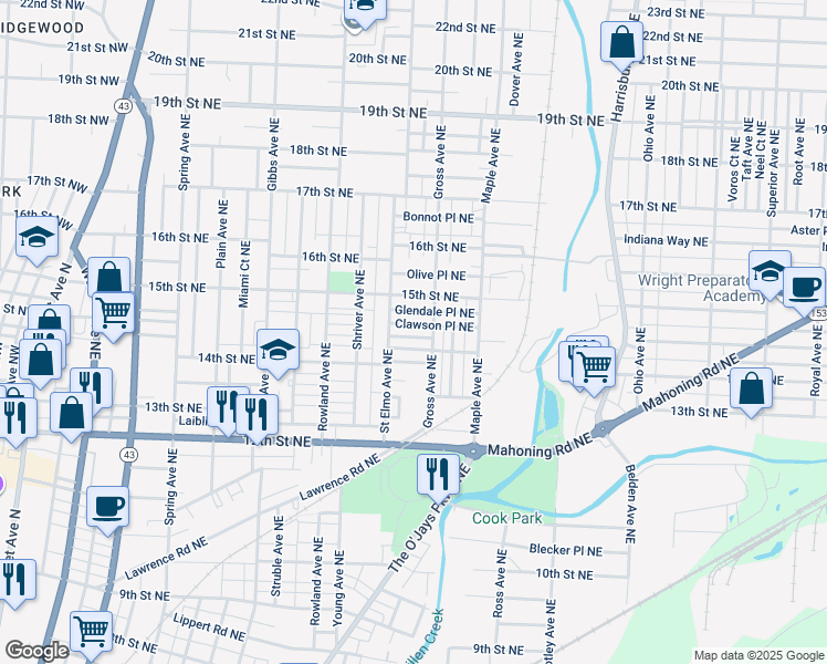 map of restaurants, bars, coffee shops, grocery stores, and more near 1523 Parkhill Place Northeast in Canton