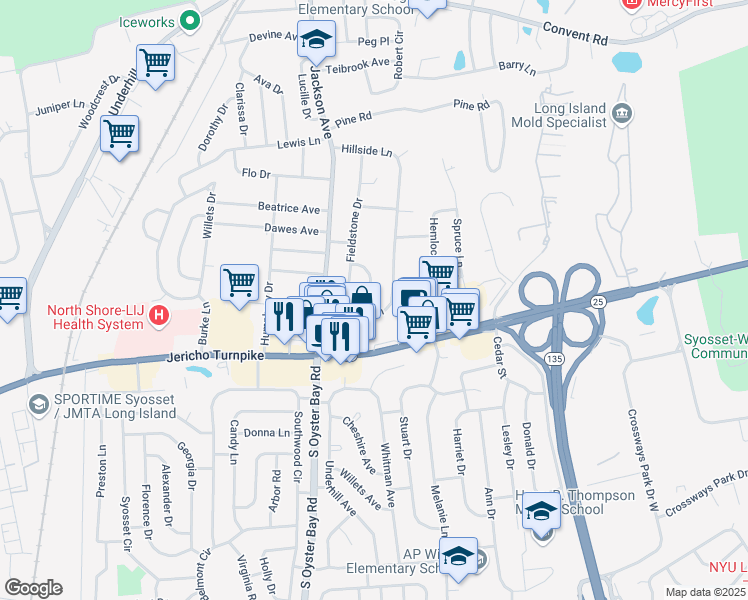 map of restaurants, bars, coffee shops, grocery stores, and more near 23 Meadow Lane in Syosset
