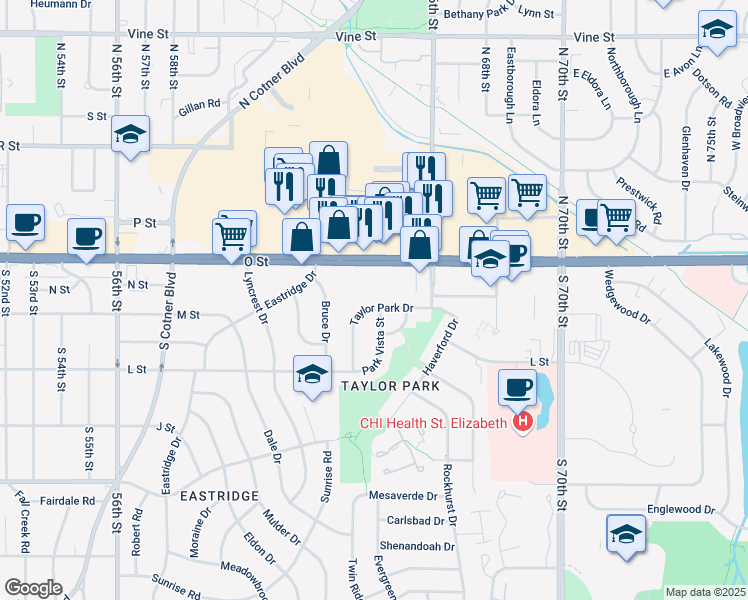 map of restaurants, bars, coffee shops, grocery stores, and more near 201 Taylor Park Drive in Lincoln