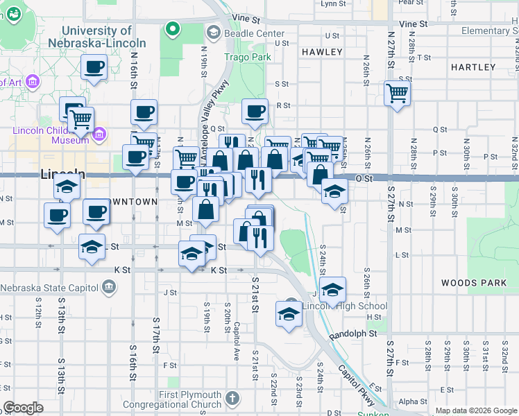 map of restaurants, bars, coffee shops, grocery stores, and more near 200 South 21st Street in Lincoln