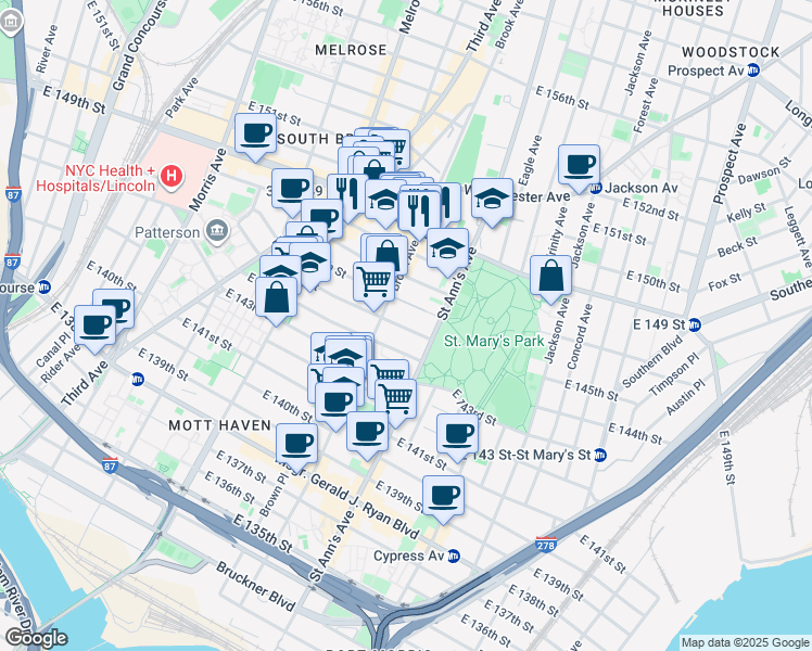 map of restaurants, bars, coffee shops, grocery stores, and more near 525 East 145th Street in The Bronx