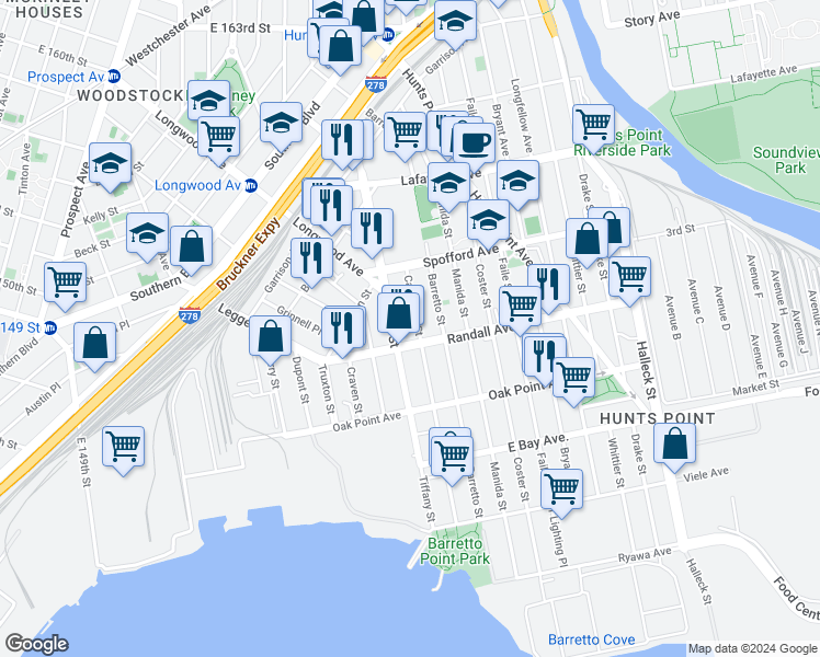 map of restaurants, bars, coffee shops, grocery stores, and more near 611 Casanova Street in The Bronx