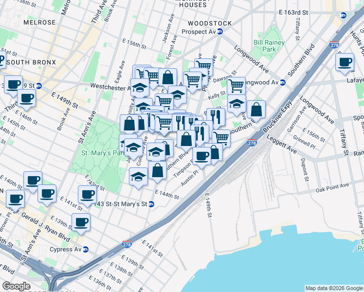 map of restaurants, bars, coffee shops, grocery stores, and more near in The Bronx