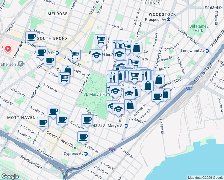 map of restaurants, bars, coffee shops, grocery stores, and more near 501 Jackson Avenue in Bronx