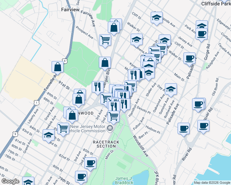 map of restaurants, bars, coffee shops, grocery stores, and more near 416 Hancock Place in Fairview