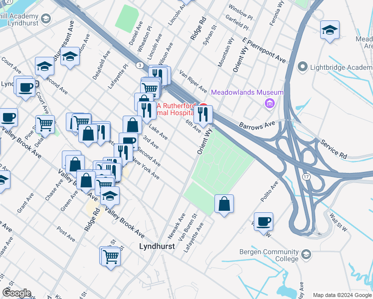 map of restaurants, bars, coffee shops, grocery stores, and more near 720 Lake Avenue in Lyndhurst