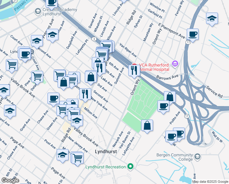 map of restaurants, bars, coffee shops, grocery stores, and more near 720 Lake Avenue in Lyndhurst