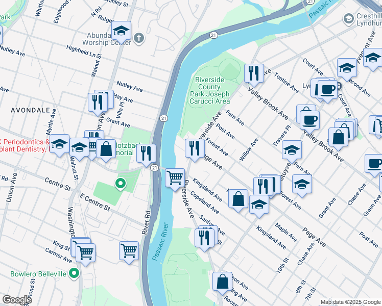 map of restaurants, bars, coffee shops, grocery stores, and more near 112 Page Avenue in Lyndhurst