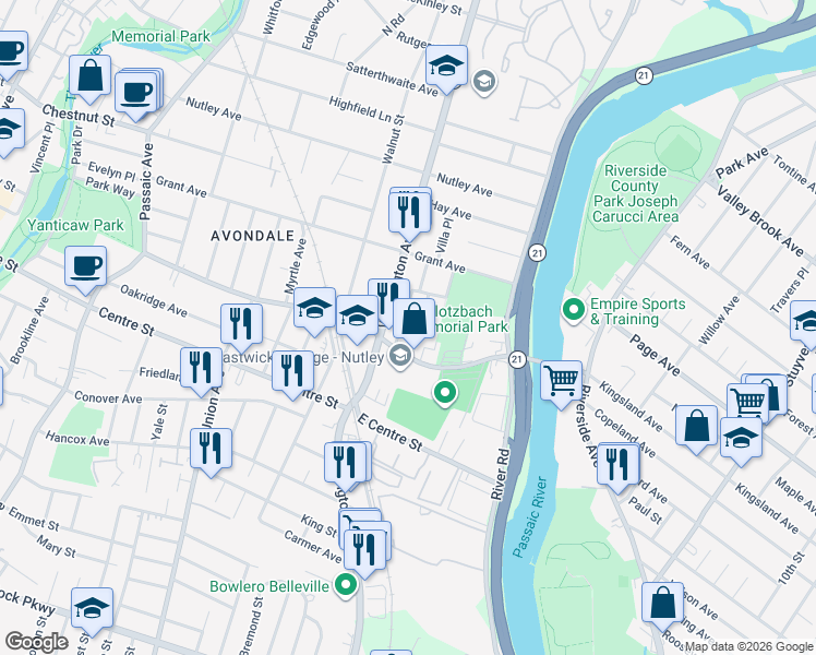 map of restaurants, bars, coffee shops, grocery stores, and more near 26 Humbert Street in Nutley