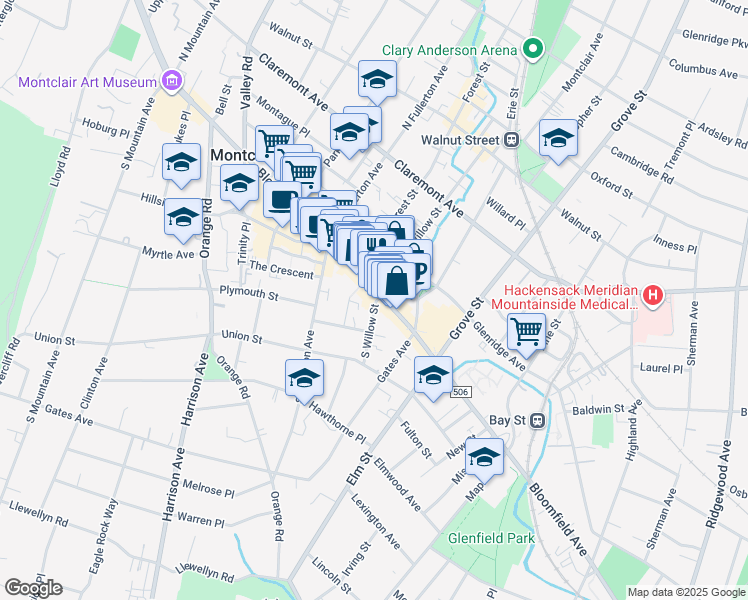map of restaurants, bars, coffee shops, grocery stores, and more near 3 South Willow Street in Montclair