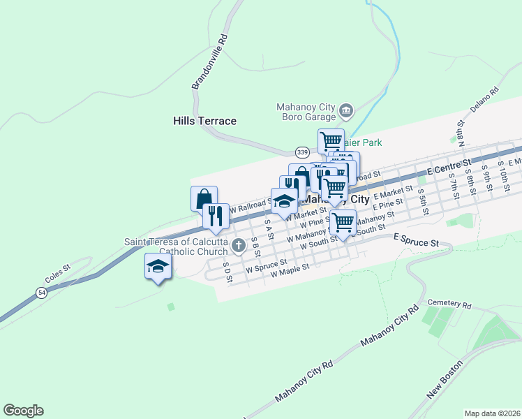 map of restaurants, bars, coffee shops, grocery stores, and more near 403 West Centre Street in Mahanoy City